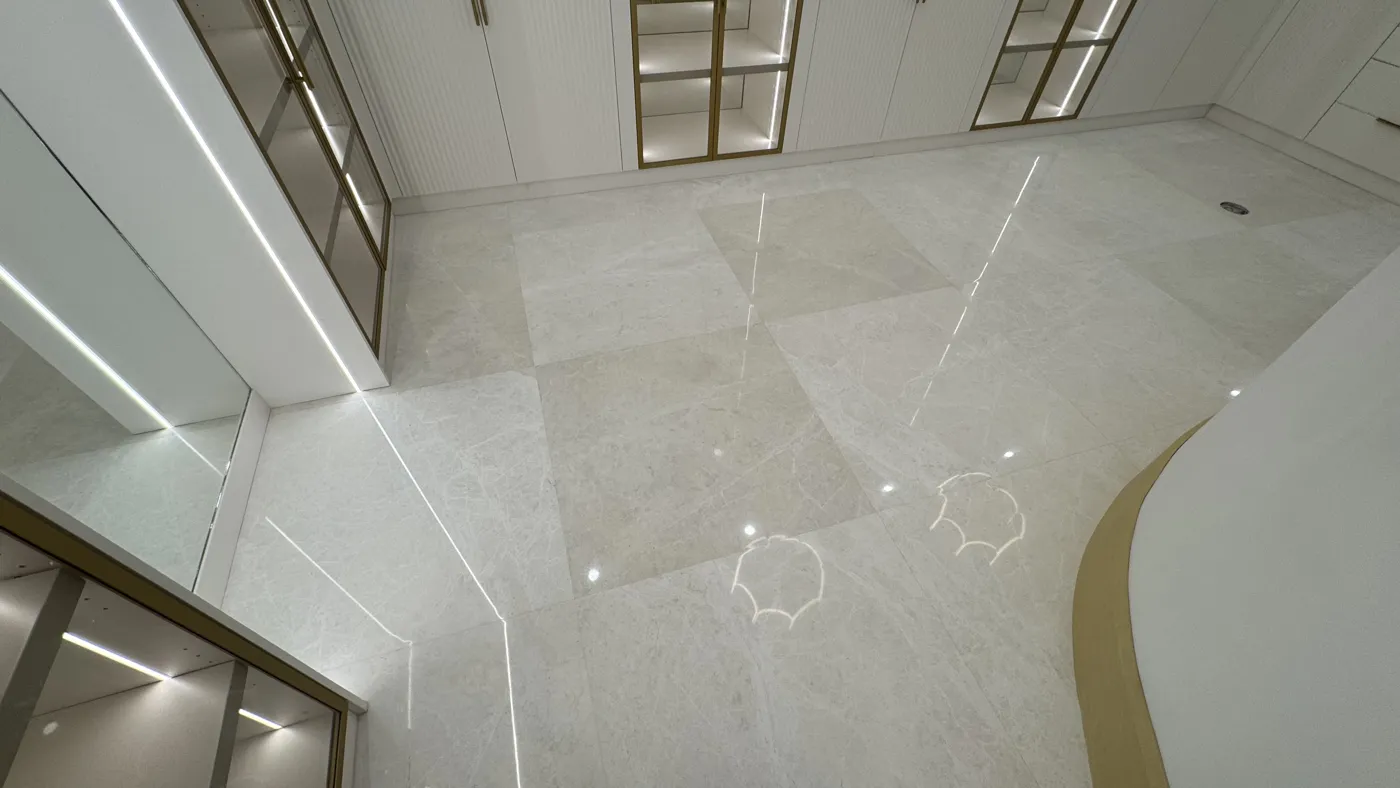Polished white marble floor in a luxury residence